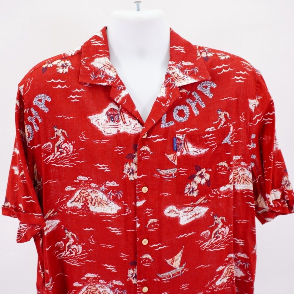 Penguin Red Aloha Beach Floral Hawaiian Dress Shirt Short Rolled Tab XL Cotton